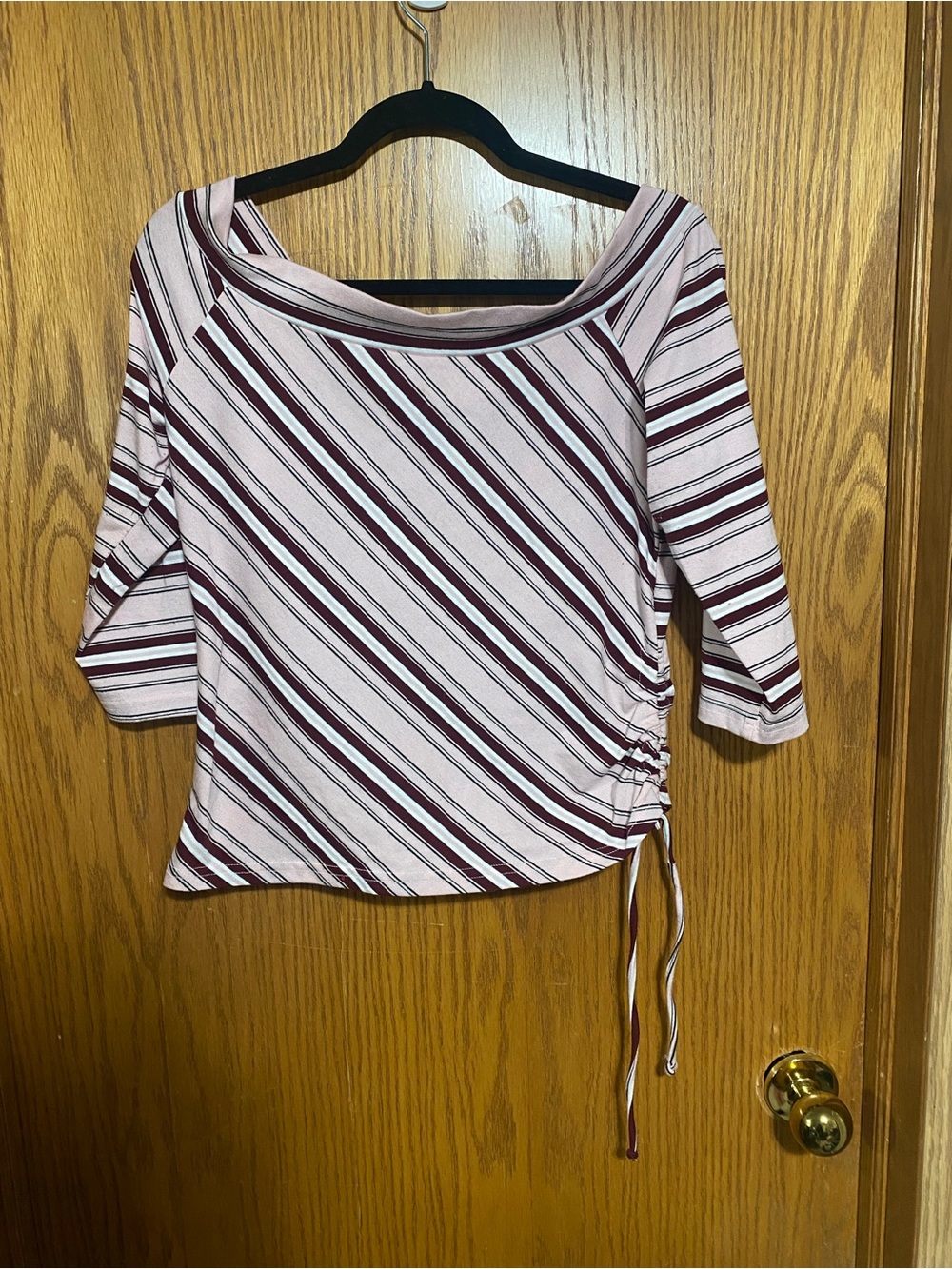 Diagonal Stripe Side-Tie Boatneck Top in Light Pink and Burgundy